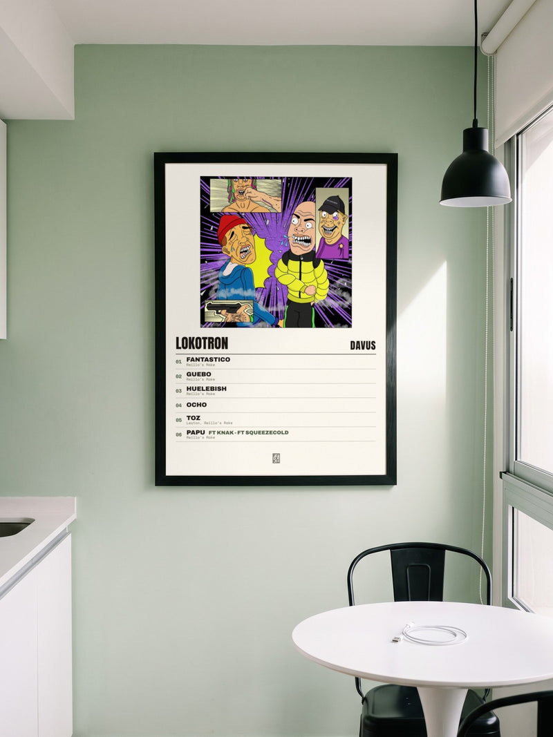 Póster de LOKOTRON de Davus enmarcado en una pared, en un ambiente real