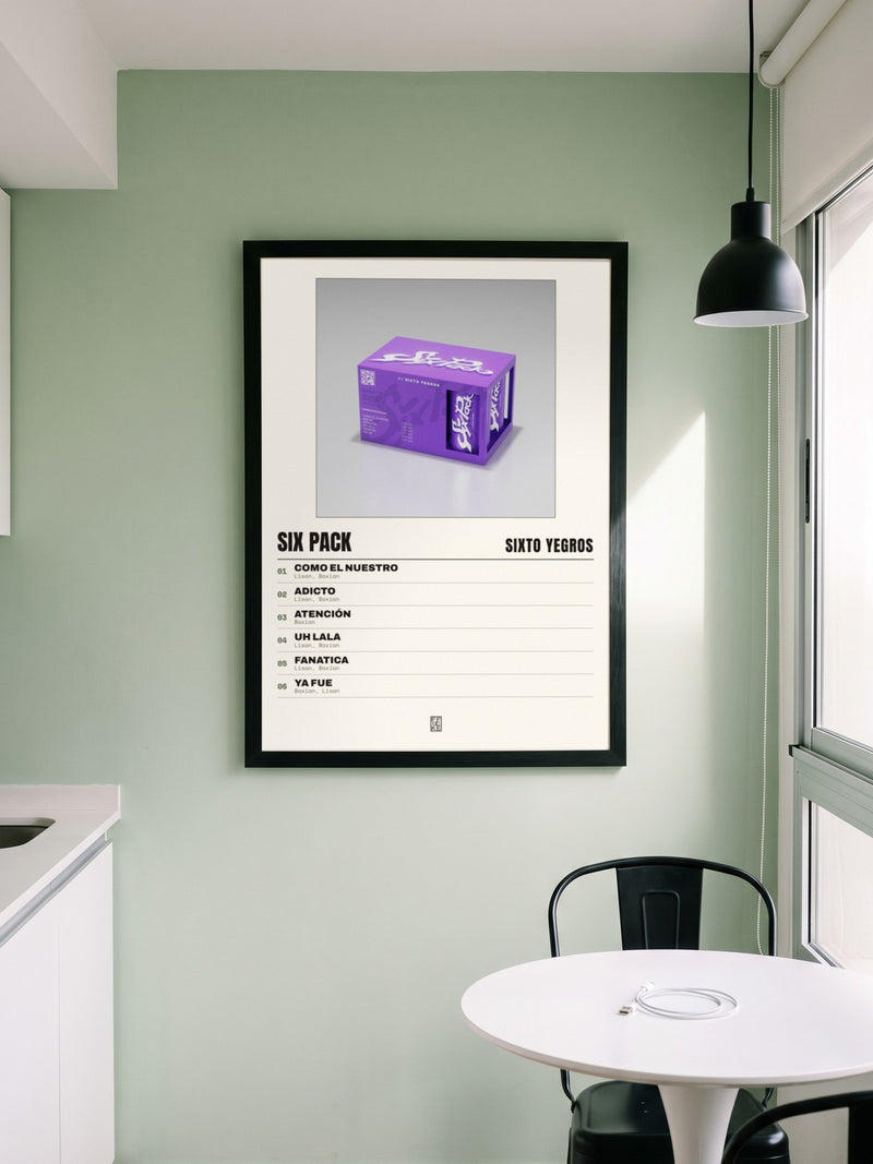 Póster de SIX PACK de Sixto Yegros enmarcado en una pared, en un ambiente real