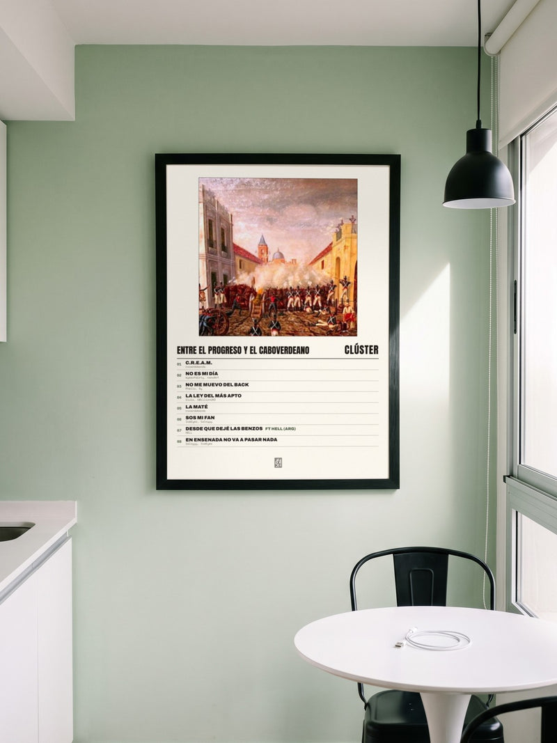 Póster de Entre el Progreso y el Caboverdeano de Clúster enmarcado en una pared, en un ambiente real