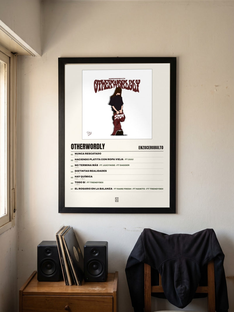 Póster de otherwordly de enzocerobulto enmarcado en una pared, en un ambiente real