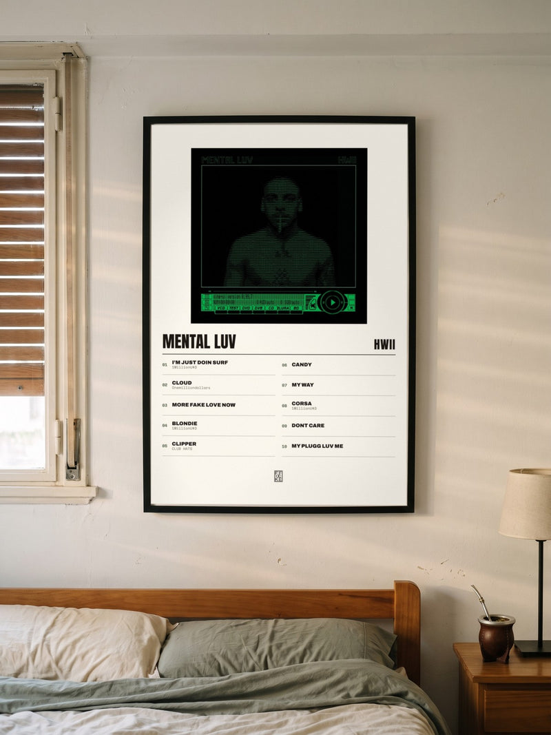 Póster de Mental Luv de Hwii enmarcado en una pared, en un ambiente real