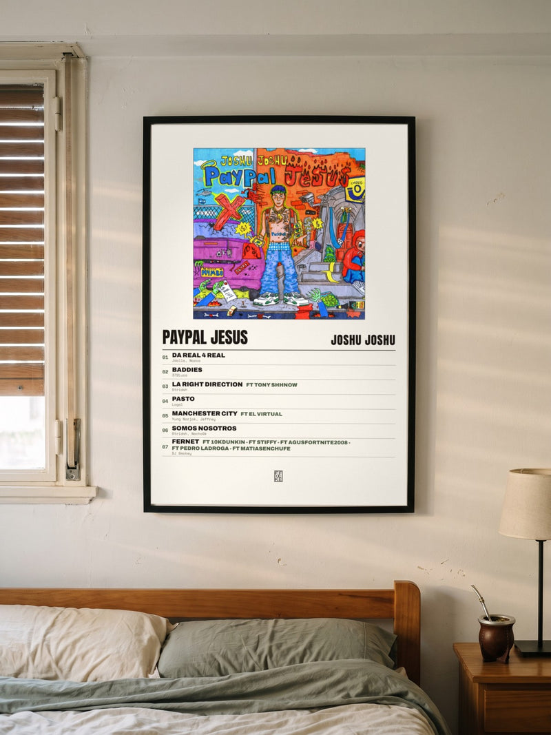 Póster de PAYPAL JESUS de Joshu Joshu enmarcado en una pared, en un ambiente real