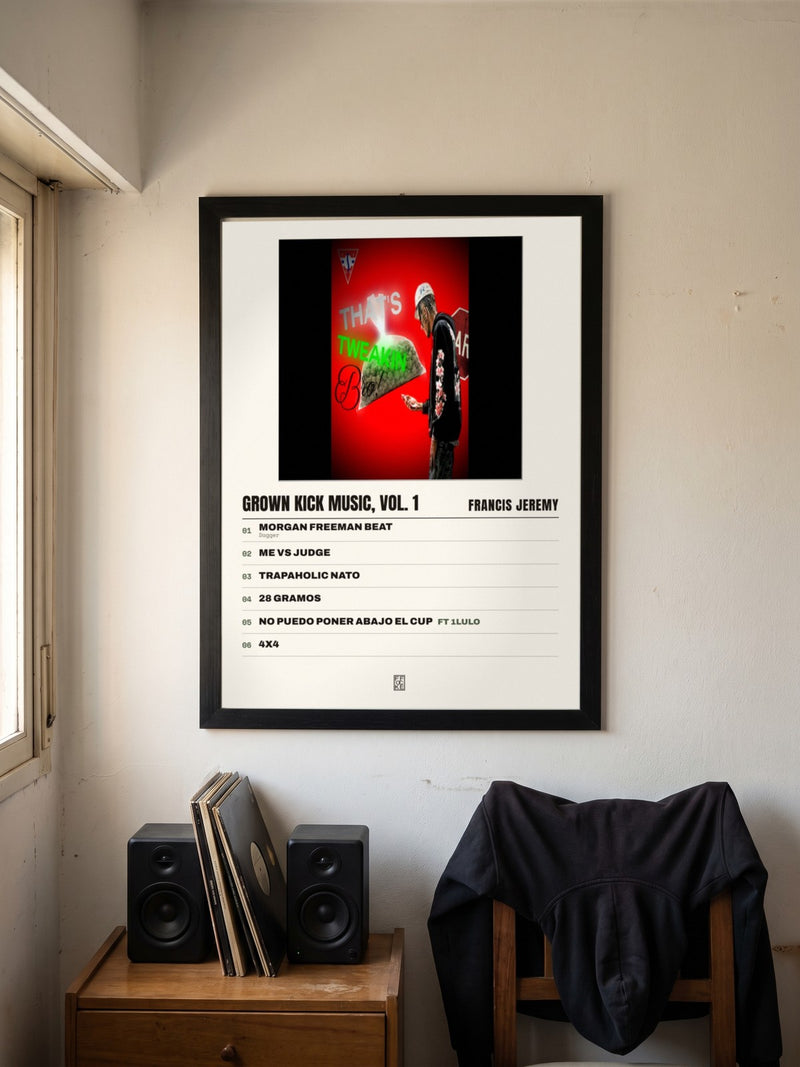 Póster de GROWN KICK MUSIC, Vol. 1 de Francis Jeremy enmarcado en una pared, en un ambiente real