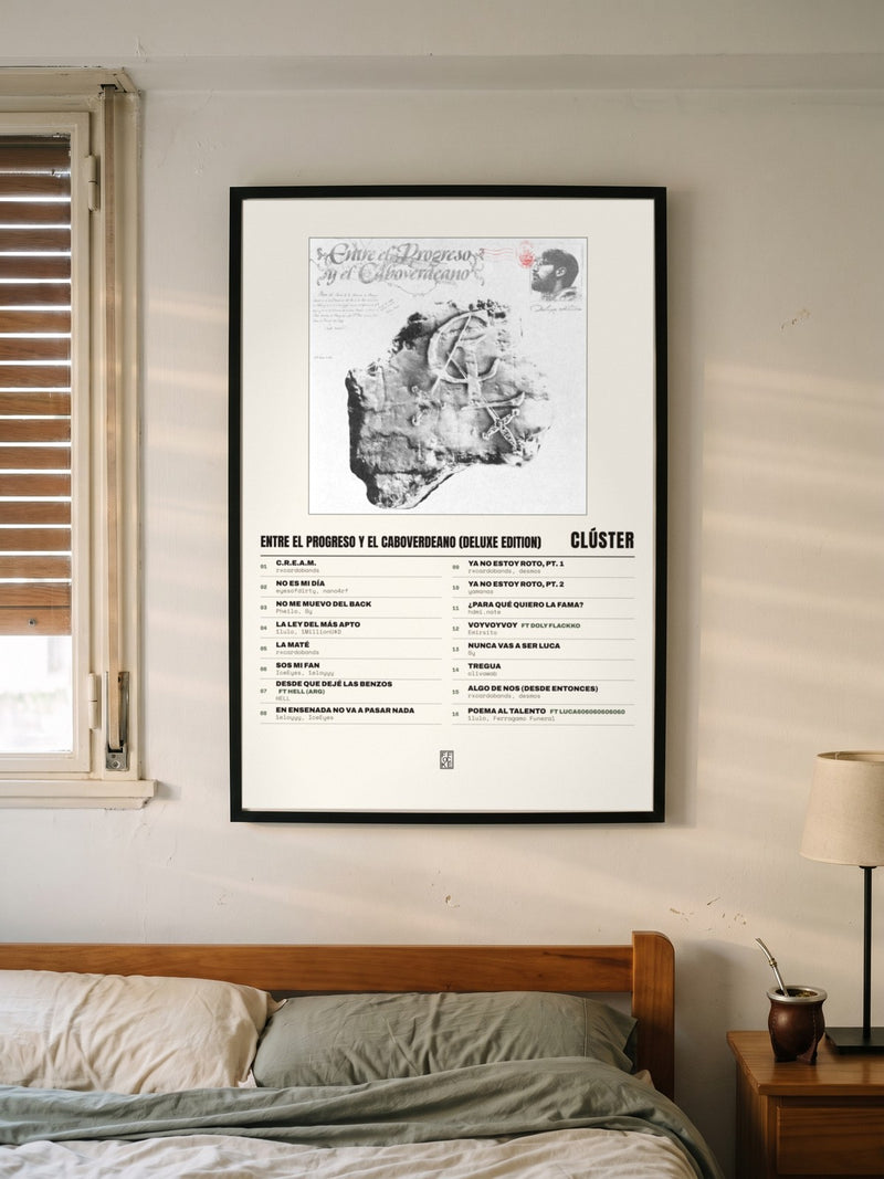 Póster de Entre el Progreso y el Caboverdeano (Deluxe Edition) de Clúster enmarcado en una pared, en un ambiente real