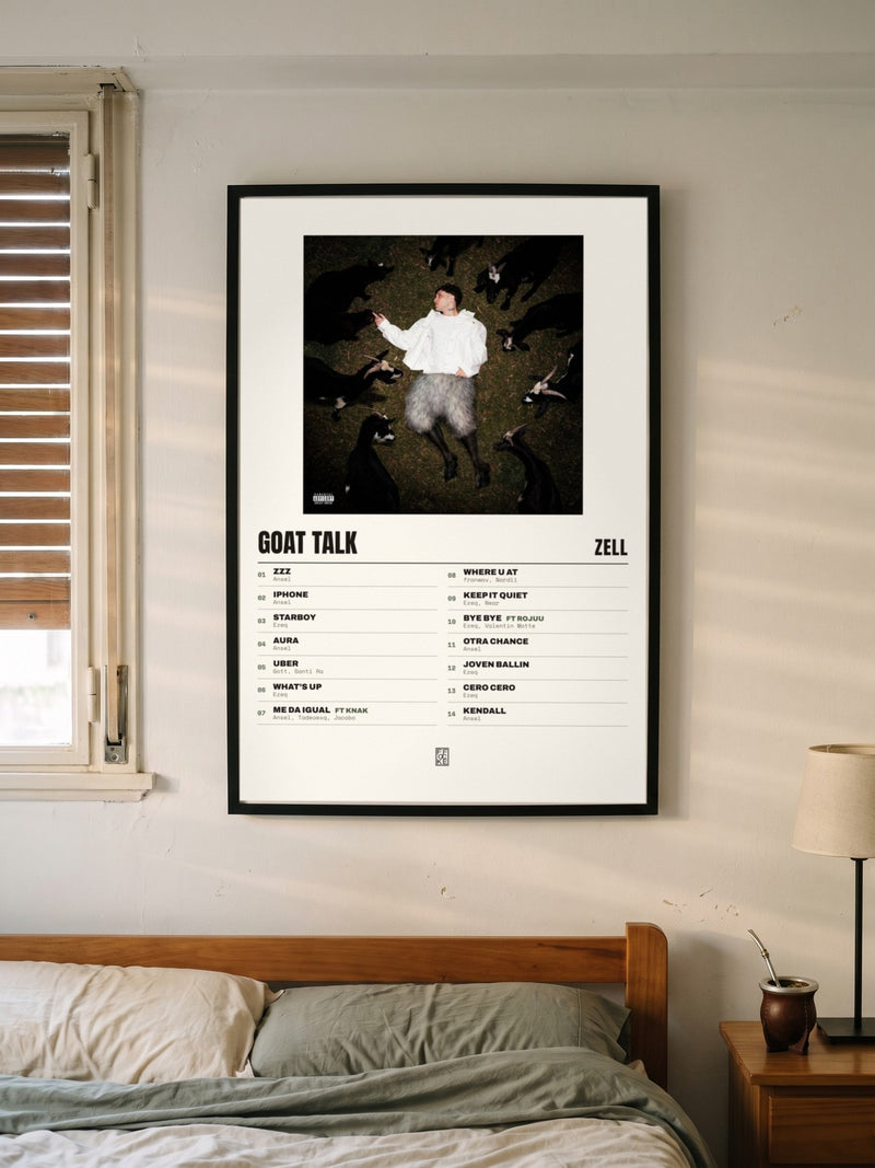 Póster de GOAT TALK de Zell enmarcado en una pared, en un ambiente real