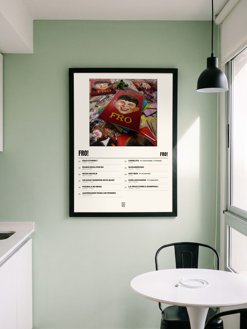 Póster de FRO! de FRO! enmarcado en una pared, en un ambiente real