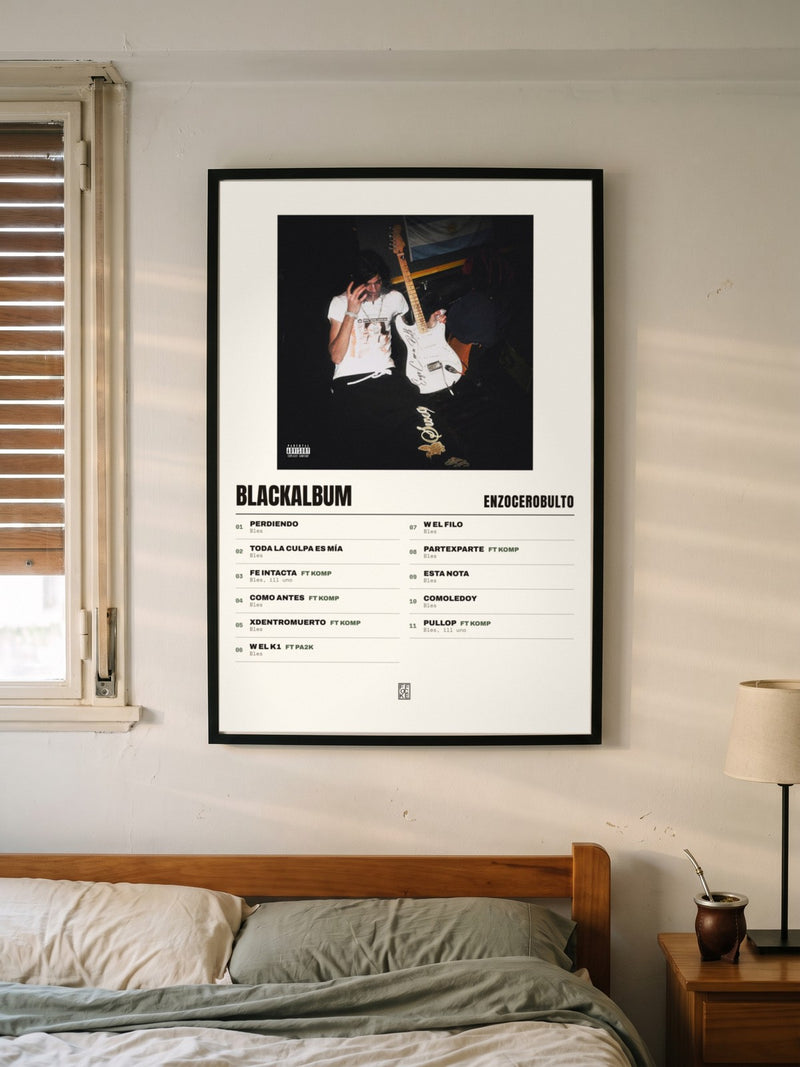 Póster de blackalbum de enzocerobulto enmarcado en una pared, en un ambiente real