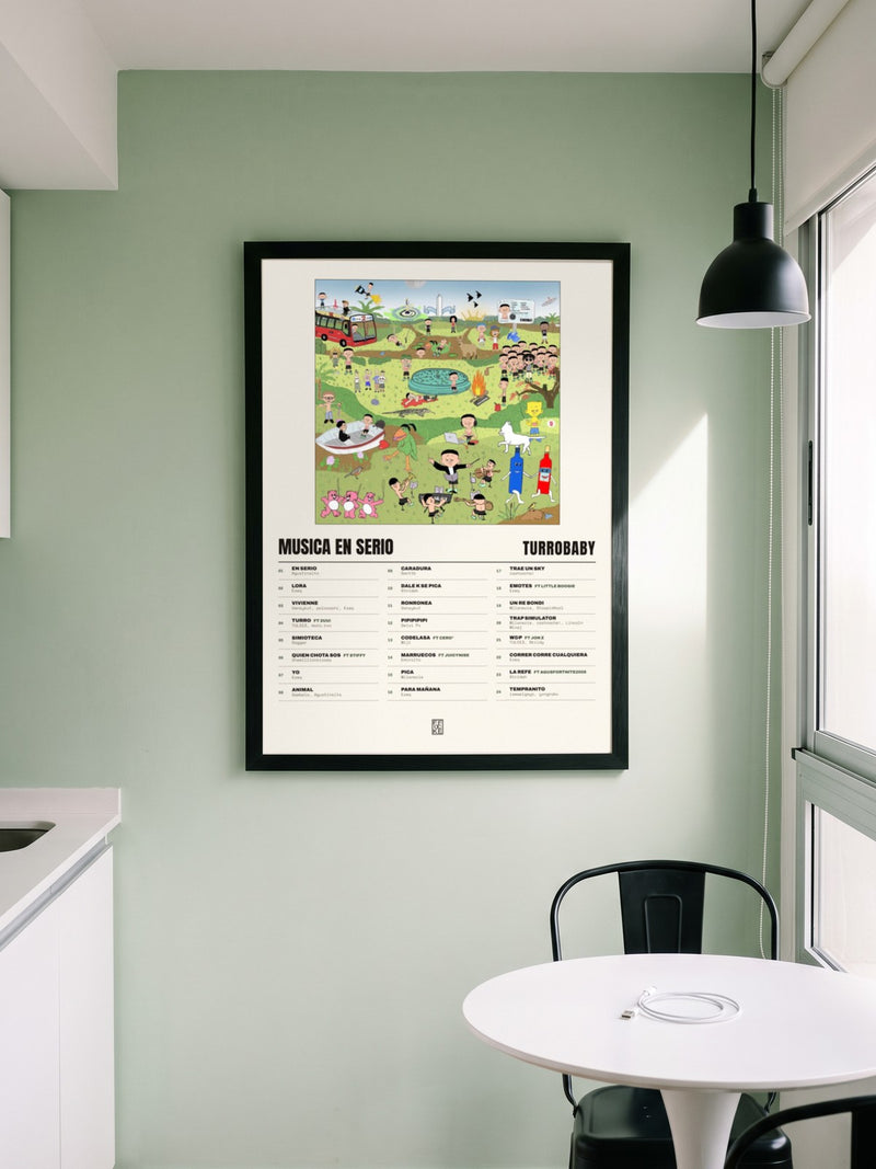 Póster de MUSICA EN SERIO de turrobaby enmarcado en una pared, en un ambiente real