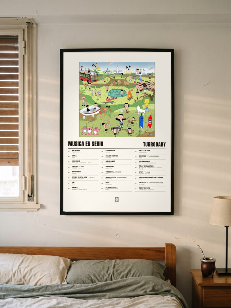 Póster de MUSICA EN SERIO de turrobaby enmarcado en una pared, en un ambiente distinto