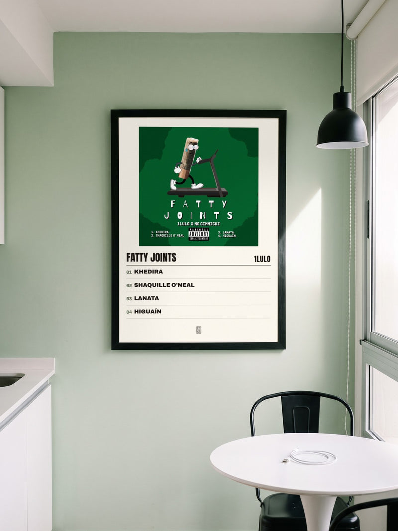 Póster de Fatty Joints de 1lulo enmarcado en una pared, en un ambiente distinto