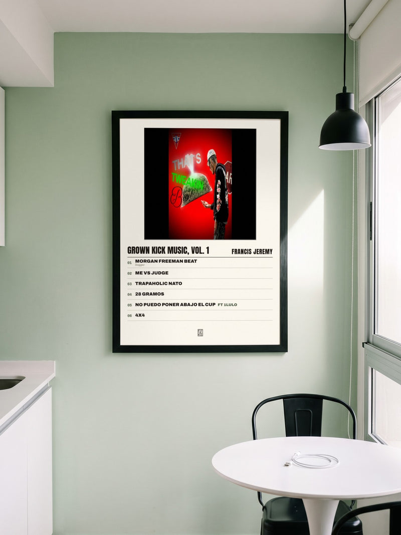 Póster de GROWN KICK MUSIC, Vol. 1 de Francis Jeremy enmarcado en una pared, en un ambiente distinto