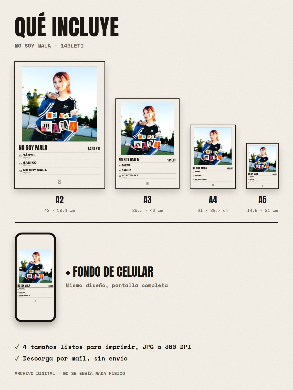 Qué incluye el póster de No Soy Mala de 143LETI: A2, A3, A4, A5 y fondo de celular