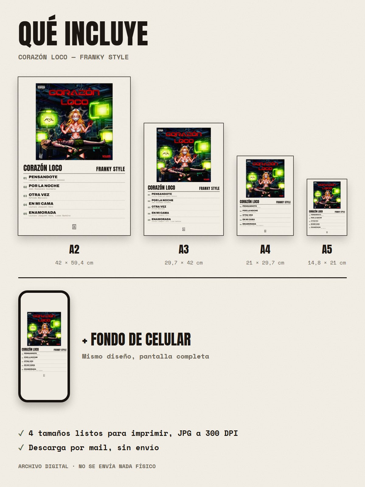 Qué incluye el póster de Corazón Loco de Franky Style: A2, A3, A4, A5 y fondo de celular