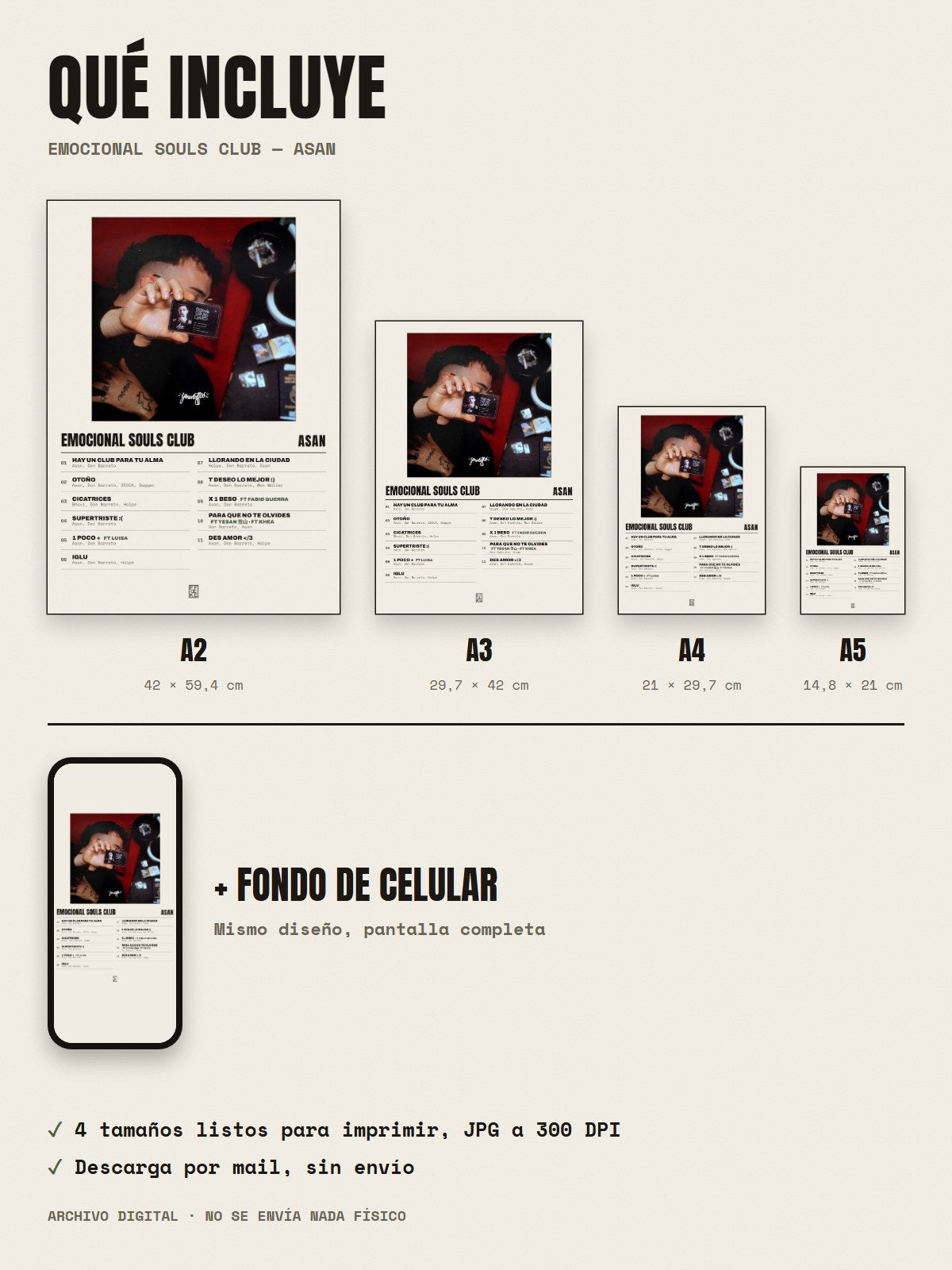 Qué incluye el póster de Emocional Souls Club de Asan: A2, A3, A4, A5 y fondo de celular