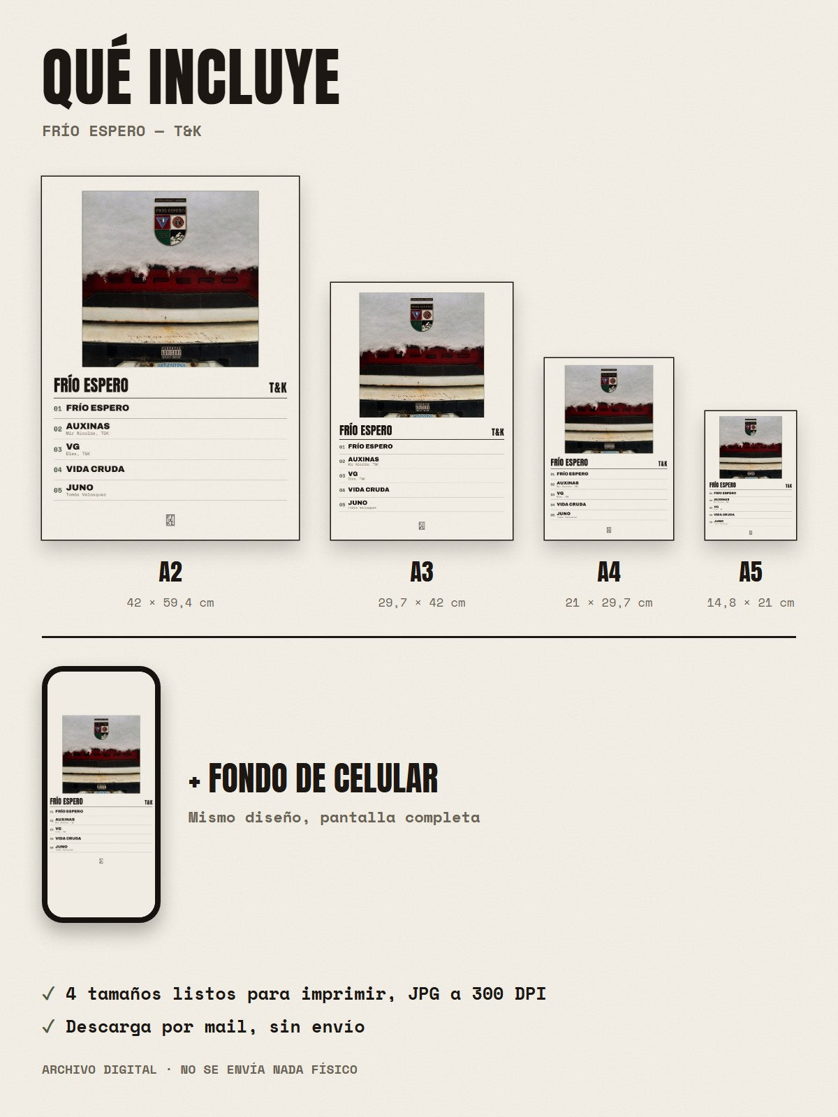 Qué incluye el póster de Frío Espero de T&K: A2, A3, A4, A5 y fondo de celular