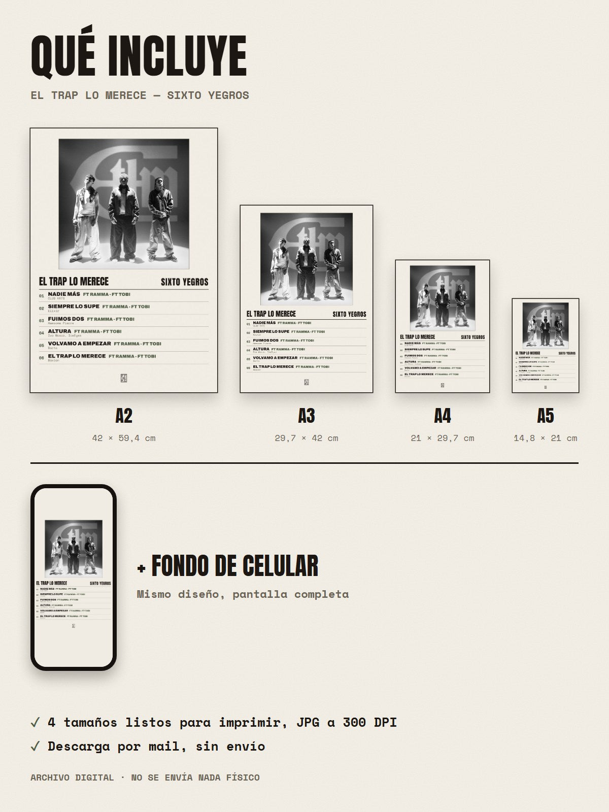 Qué incluye el póster de EL TRAP LO MERECE de Sixto Yegros: A2, A3, A4, A5 y fondo de celular