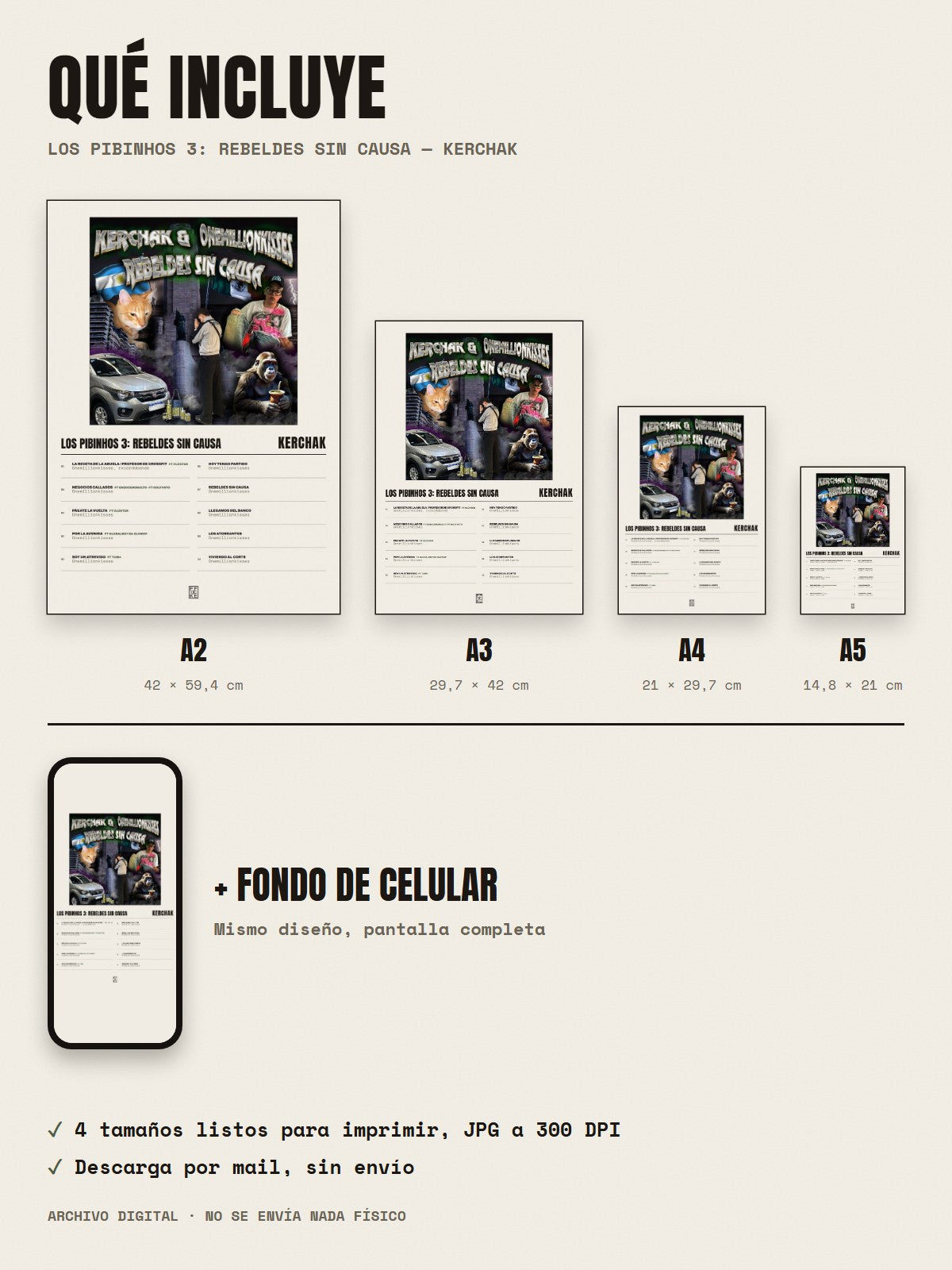 Qué incluye el póster de LOS PIBINHOS 3: REBELDES SIN CAUSA de KERCHAK: A2, A3, A4, A5 y fondo de celular