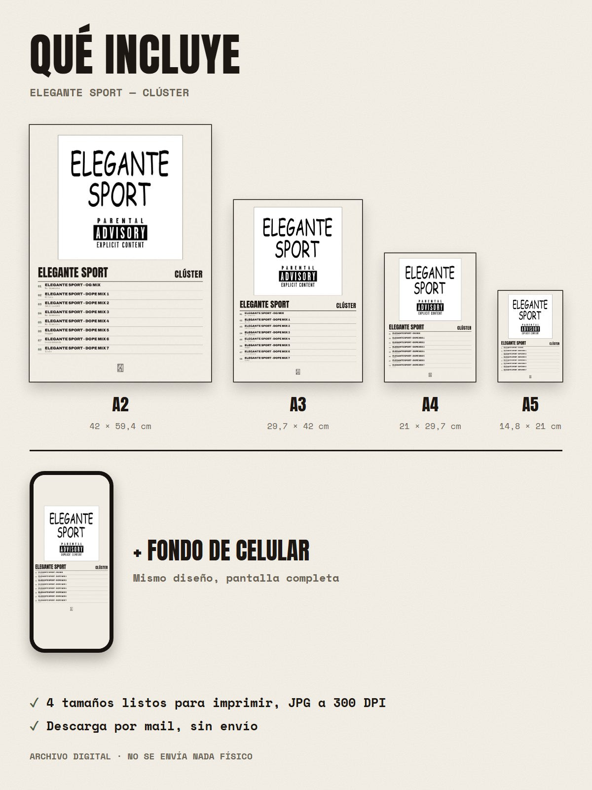 Qué incluye el póster de ELEGANTE SPORT de Clúster: A2, A3, A4, A5 y fondo de celular