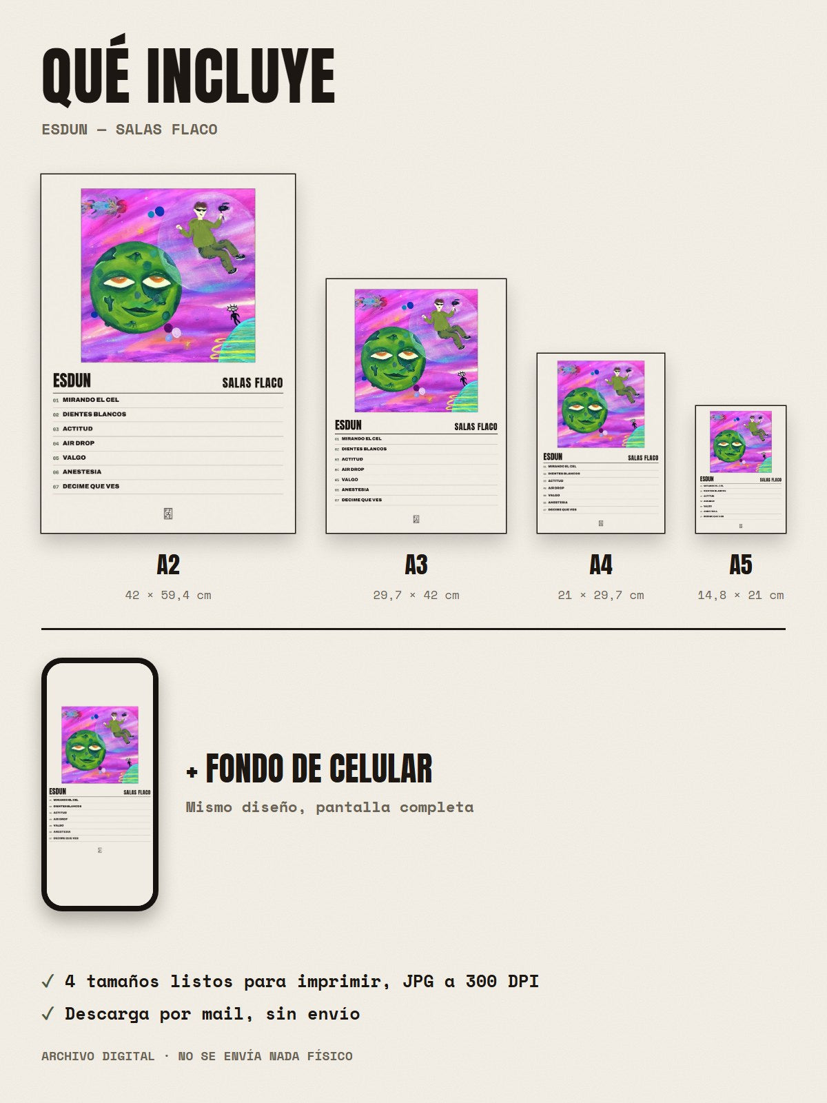 Qué incluye el póster de Esdun de Salas Flaco: A2, A3, A4, A5 y fondo de celular