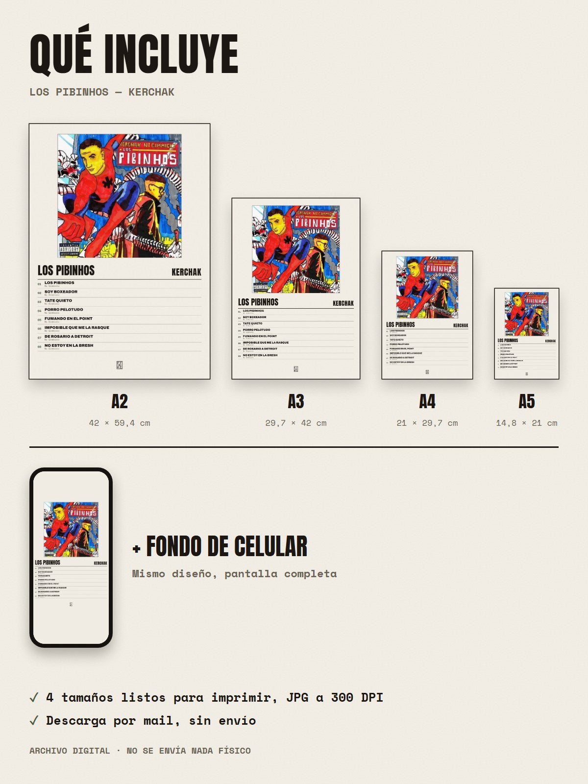 Qué incluye el póster de LOS PIBINHOS de KERCHAK: A2, A3, A4, A5 y fondo de celular