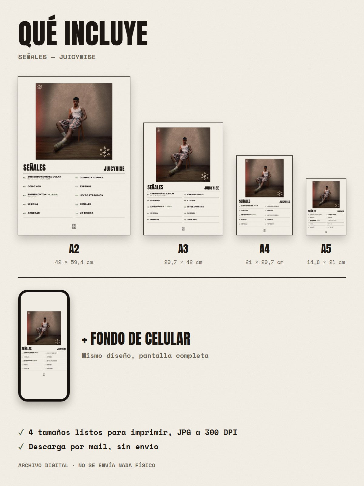 Qué incluye el póster de Señales de JuicyNise: A2, A3, A4, A5 y fondo de celular
