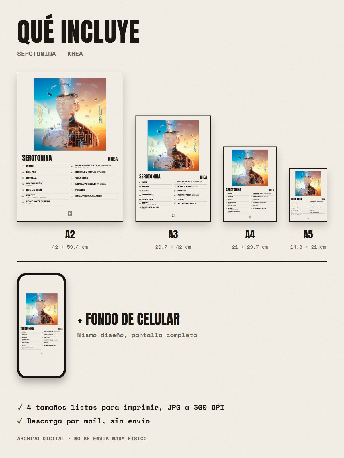 Qué incluye el póster de SEROTONINA de KHEA: A2, A3, A4, A5 y fondo de celular