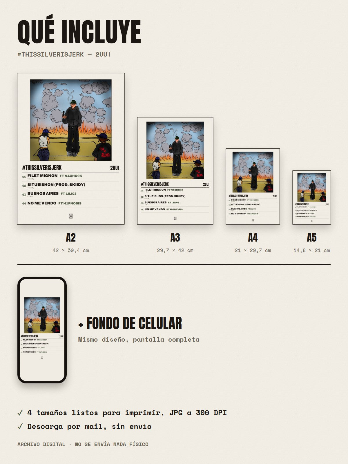 Qué incluye el póster de #Thissilverisjerk de 2UU!: A2, A3, A4, A5 y fondo de celular
