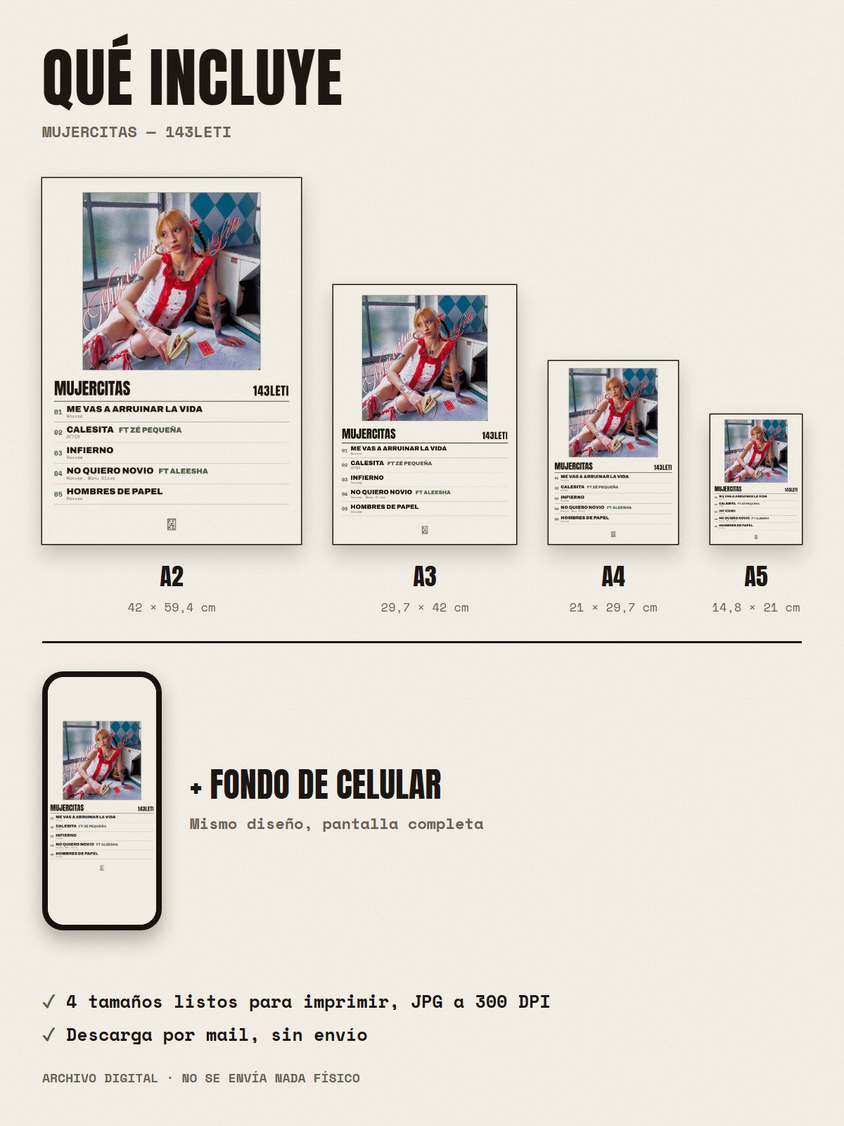 Qué incluye el póster de Mujercitas de 143LETI: A2, A3, A4, A5 y fondo de celular