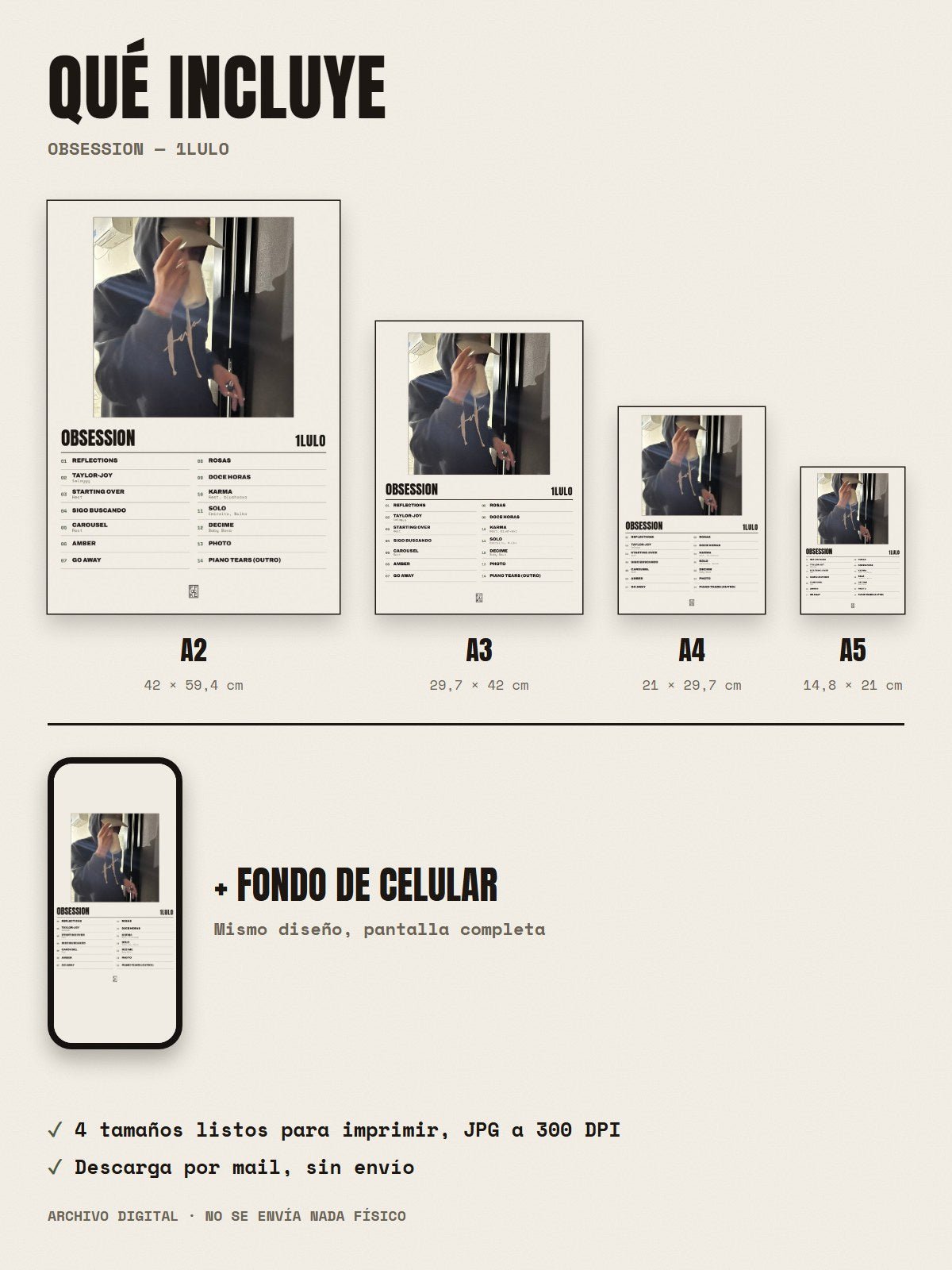 Qué incluye el póster de Obsession de 1lulo: A2, A3, A4, A5 y fondo de celular
