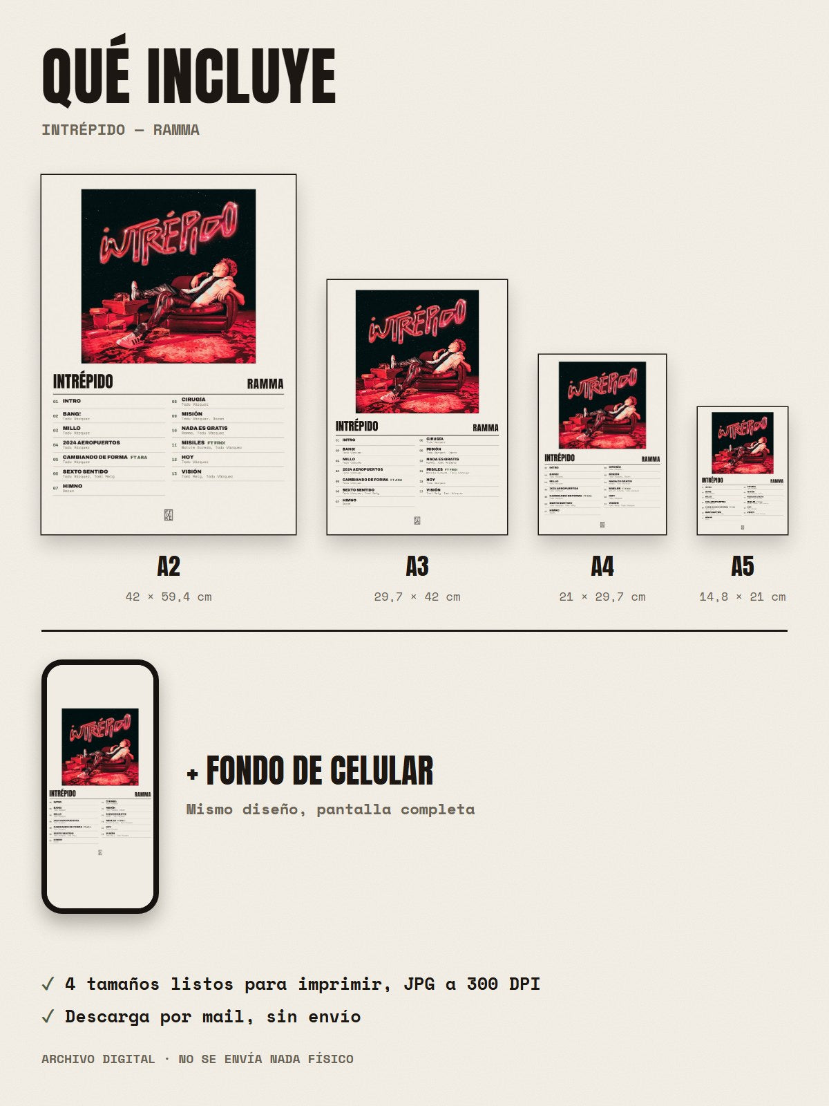 Qué incluye el póster de INTRÉPIDO de Ramma: A2, A3, A4, A5 y fondo de celular