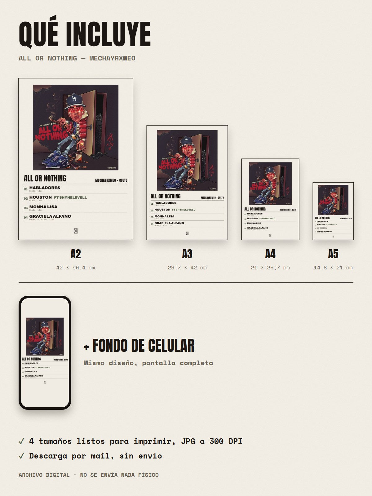 Qué incluye el póster de All Or Nothing de MECHAYRXMEO × CULTO: A2, A3, A4, A5 y fondo de celular