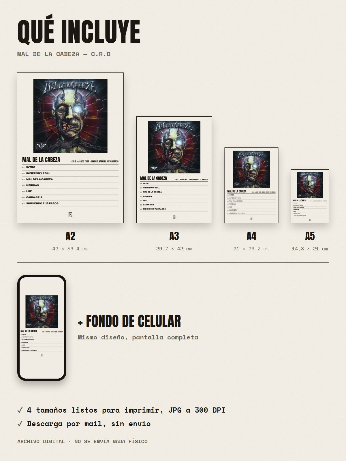 Qué incluye el póster de Mal de la Cabeza de C.R.O × Joaco Tdeb × Ignacio Gabriel De Tommaso: A2, A3, A4, A5 y fondo de celular