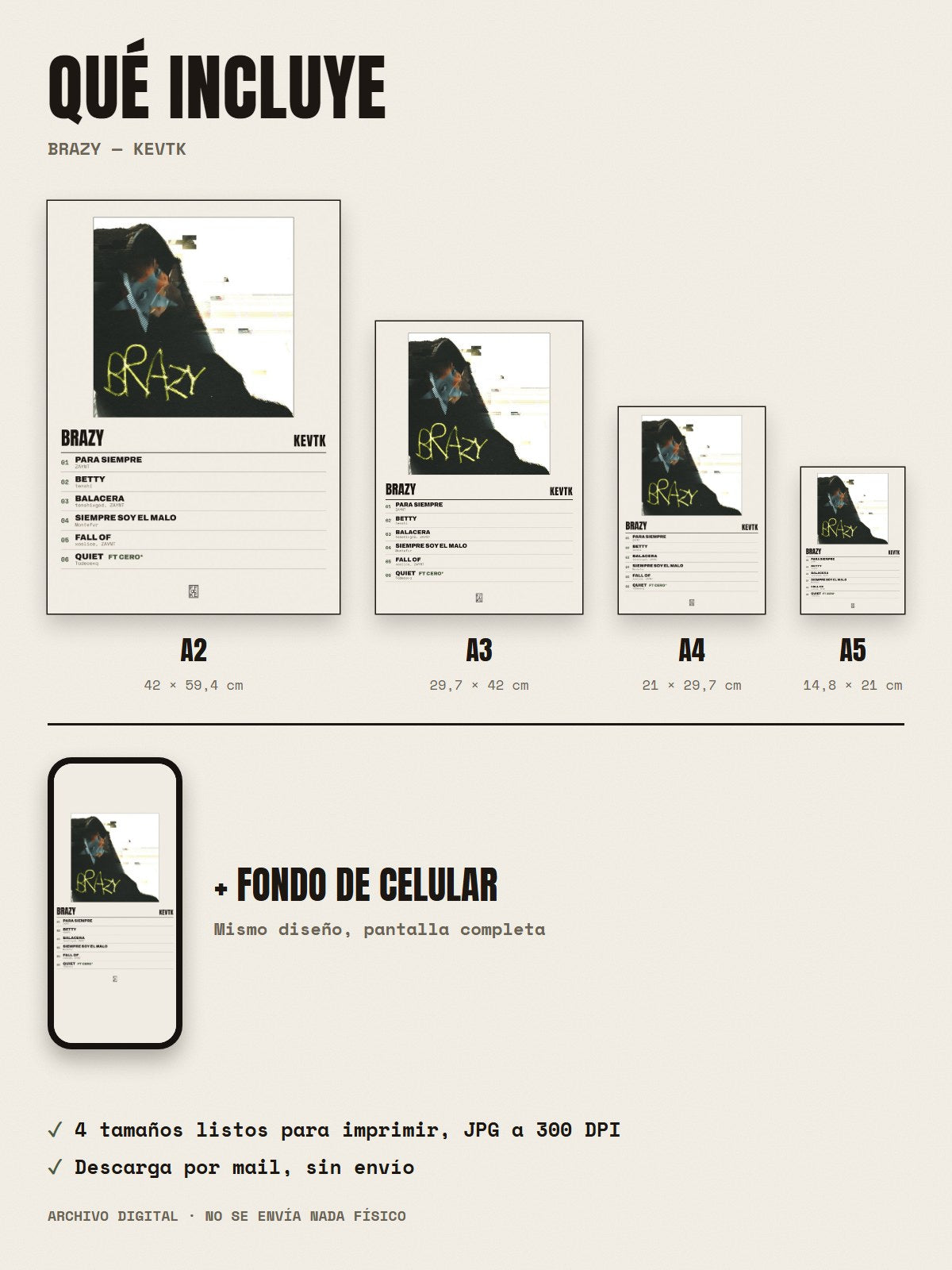 Qué incluye el póster de bRazy de KevTK: A2, A3, A4, A5 y fondo de celular