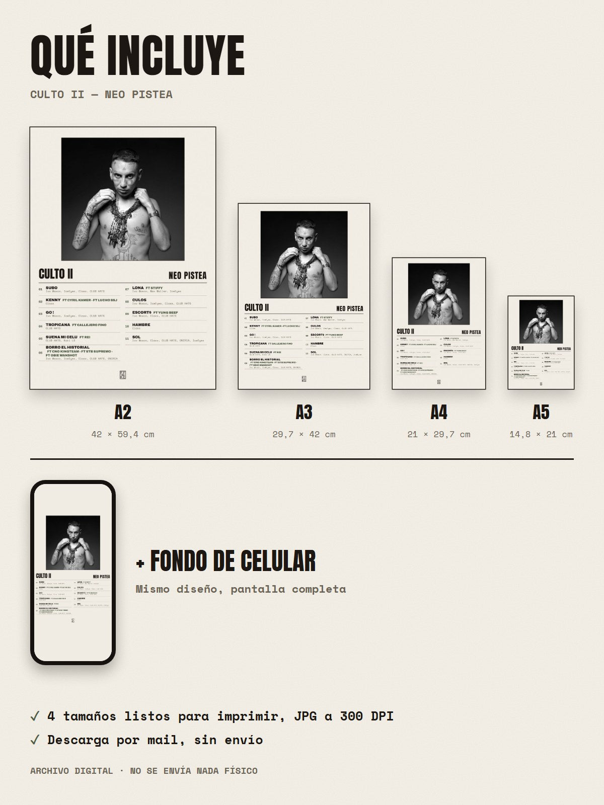 Qué incluye el póster de CULTO II de Neo Pistea: A2, A3, A4, A5 y fondo de celular