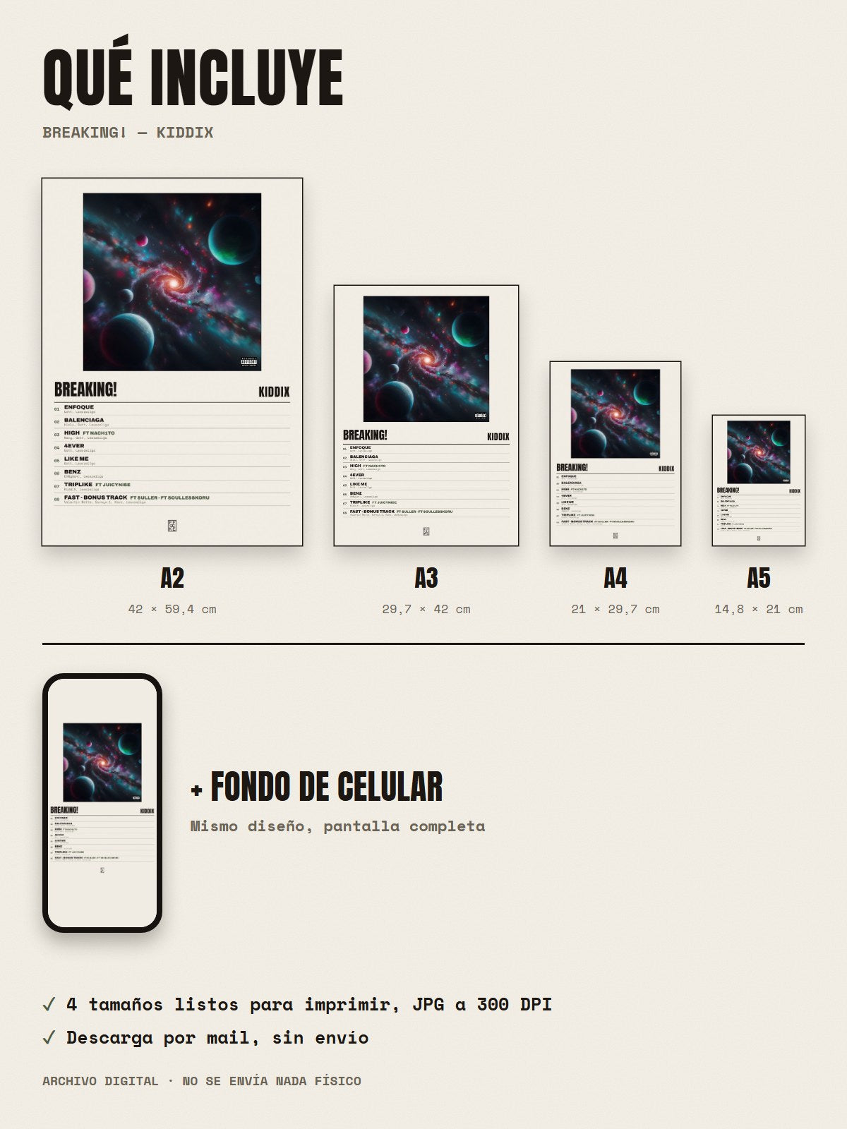 Qué incluye el póster de Breaking! de KiddiX: A2, A3, A4, A5 y fondo de celular