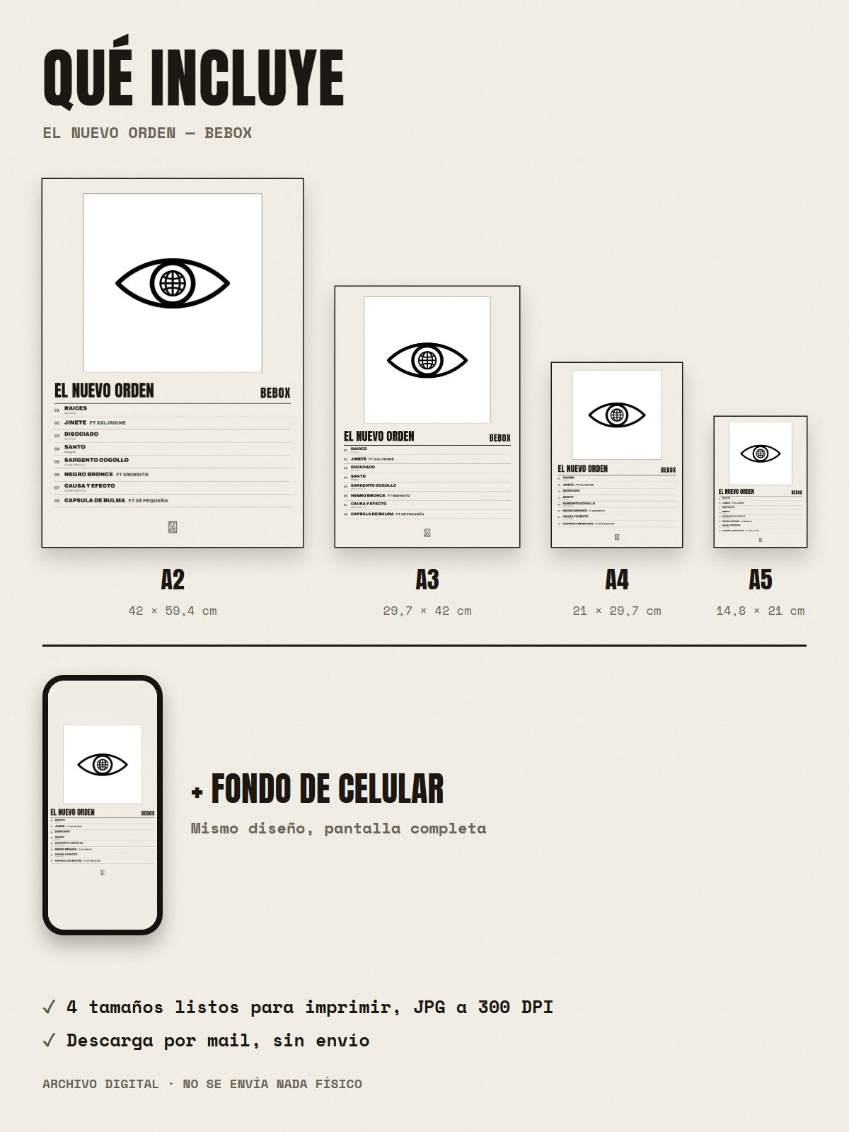 Qué incluye el póster de EL NUEVO ORDEN de Bebox: A2, A3, A4, A5 y fondo de celular