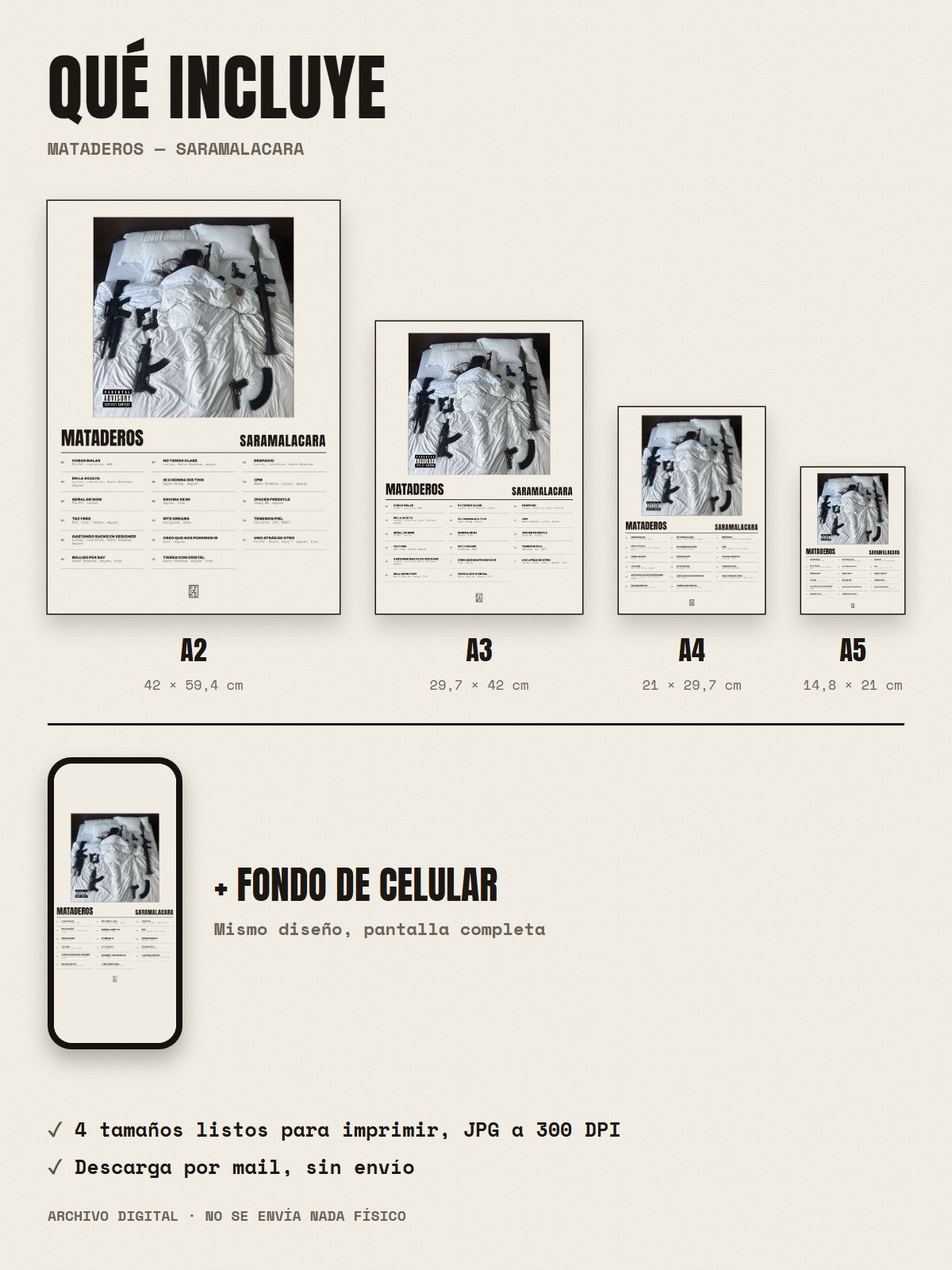 Qué incluye el póster de MATADEROS de Saramalacara: A2, A3, A4, A5 y fondo de celular