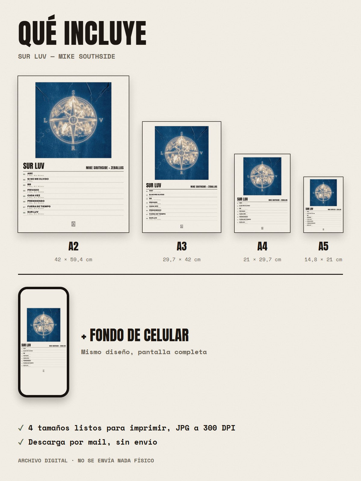 Qué incluye el póster de SUR LUV de Mike Southside × Zeballos: A2, A3, A4, A5 y fondo de celular