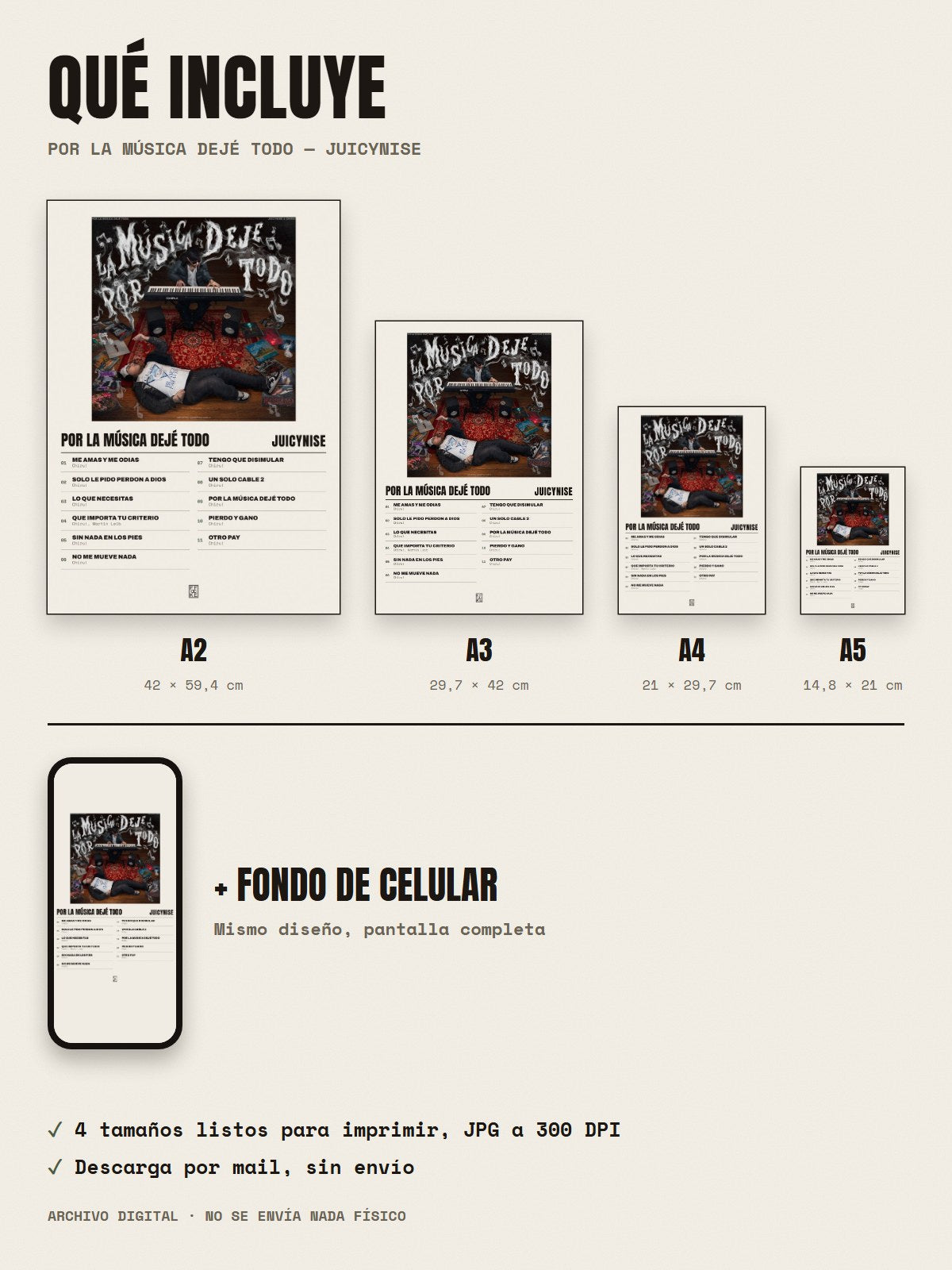 Qué incluye el póster de Por la música dejé todo de JuicyNise: A2, A3, A4, A5 y fondo de celular