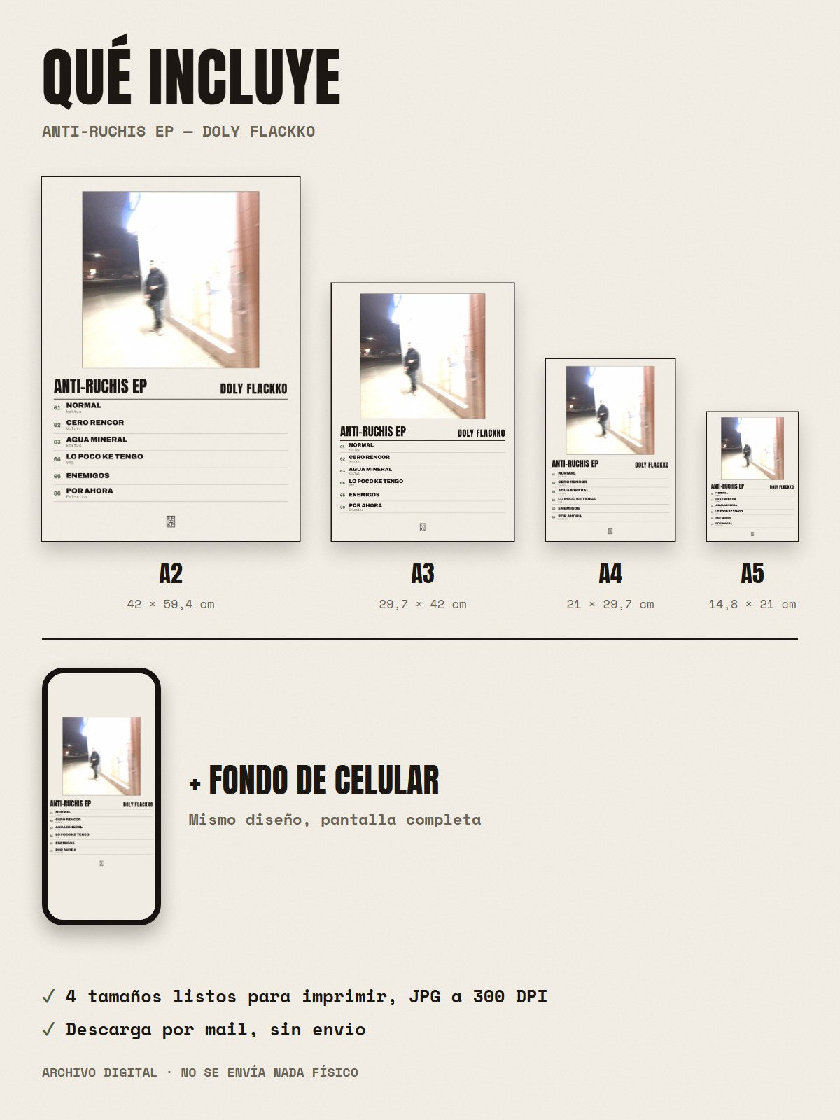 Qué incluye el póster de Anti-Ruchis Ep de Doly Flackko: A2, A3, A4, A5 y fondo de celular