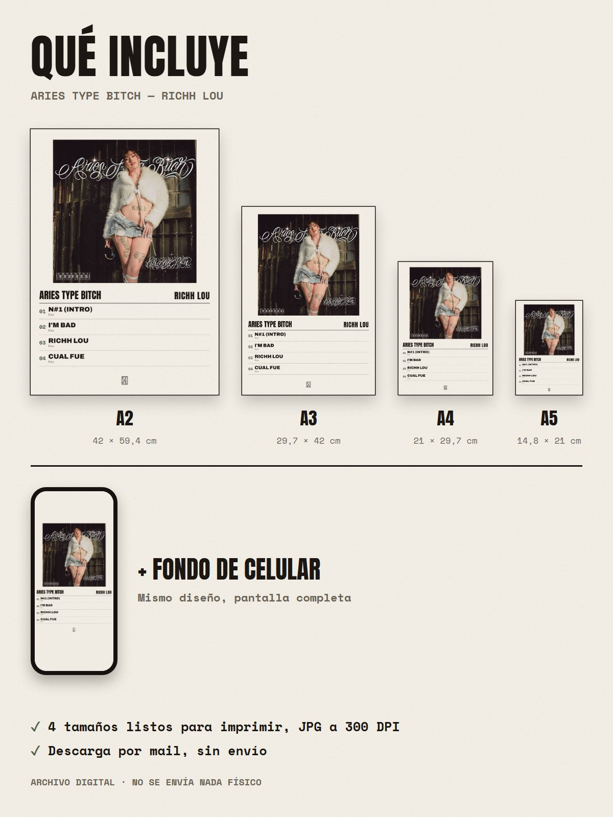 Qué incluye el póster de Aries Type Bitch de Richh lou: A2, A3, A4, A5 y fondo de celular