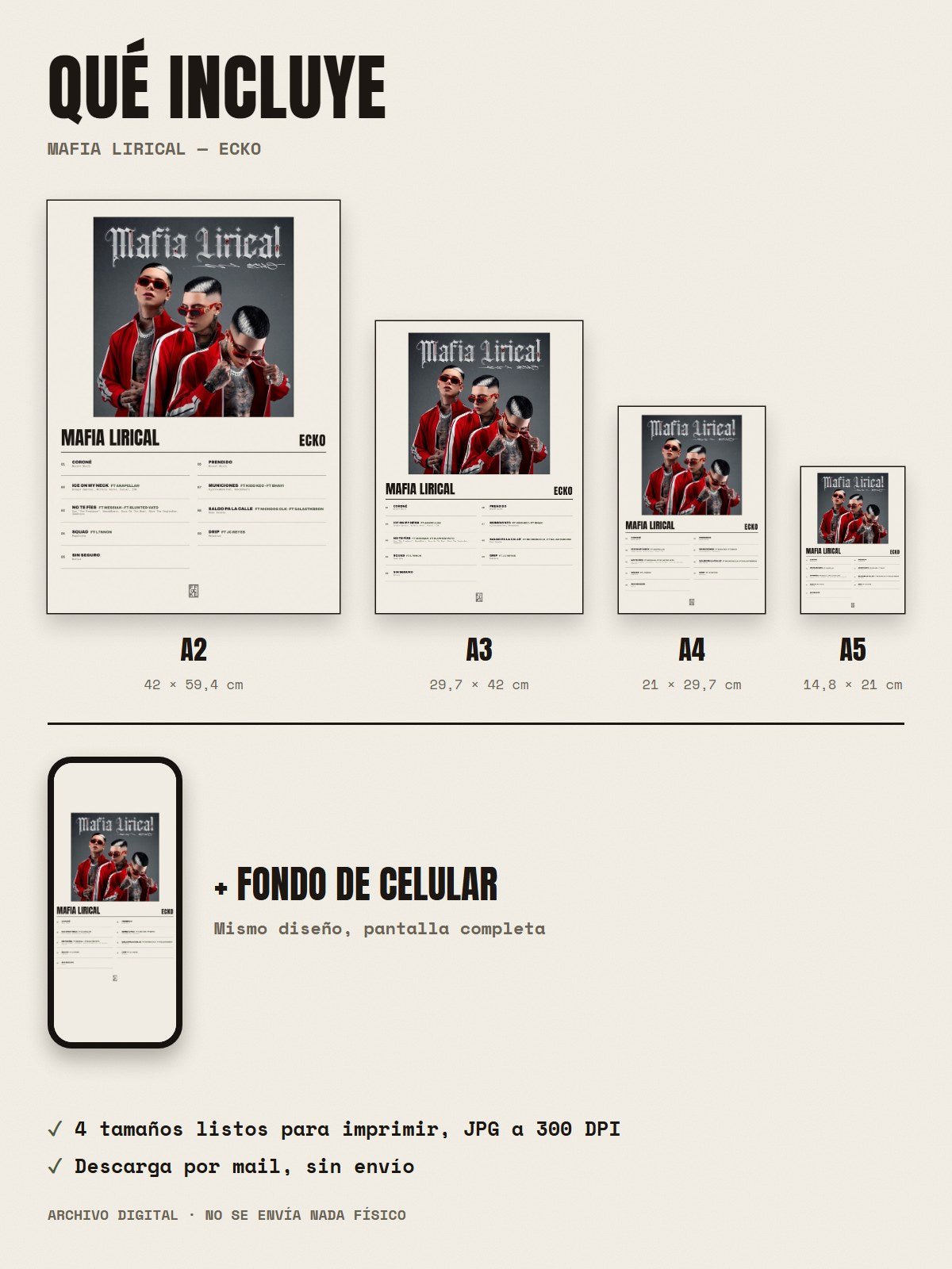 Qué incluye el póster de Mafia Lirical de ECKO: A2, A3, A4, A5 y fondo de celular