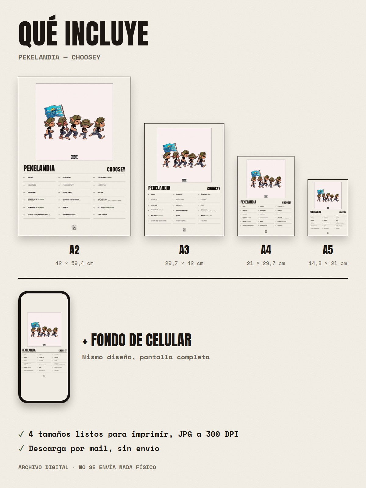 Qué incluye el póster de Pekelandia de choosey: A2, A3, A4, A5 y fondo de celular