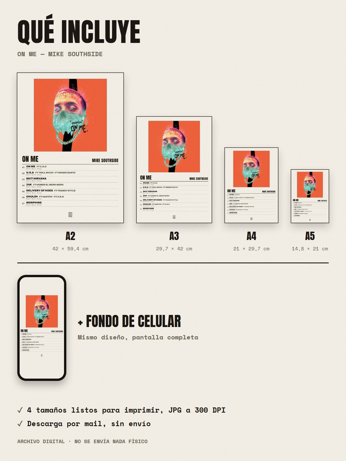 Qué incluye el póster de On Me de Mike Southside: A2, A3, A4, A5 y fondo de celular