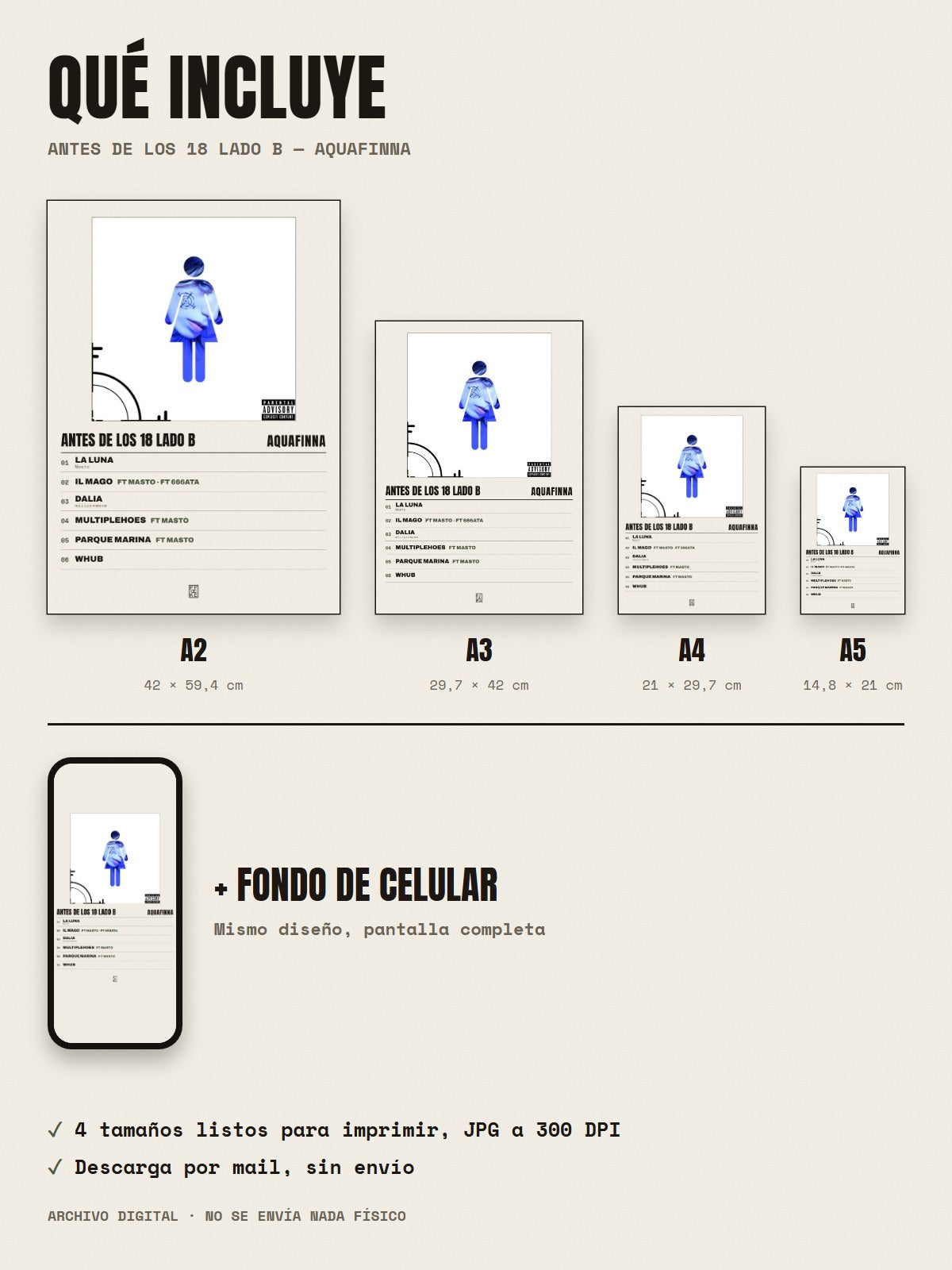Qué incluye el póster de Antes de los 18 lado B de AQUAFINNA: A2, A3, A4, A5 y fondo de celular