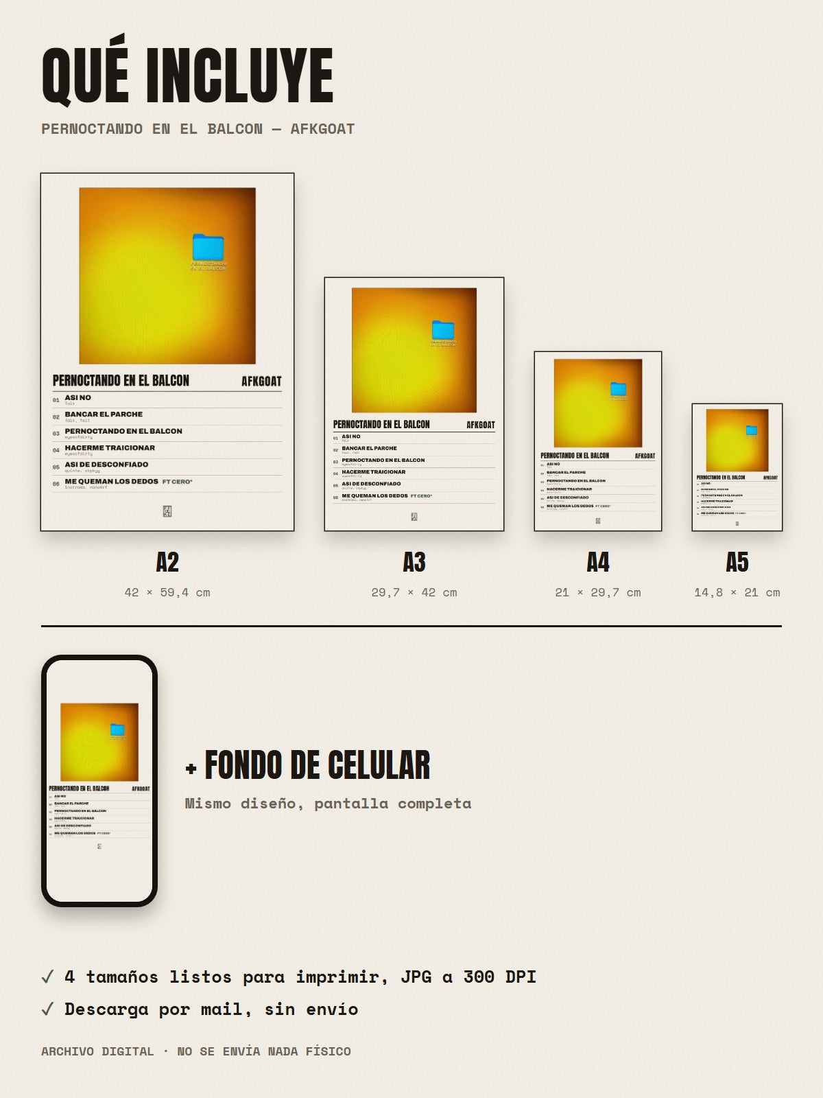 Qué incluye el póster de PERNOCTANDO EN EL BALCON de afkGOAT: A2, A3, A4, A5 y fondo de celular