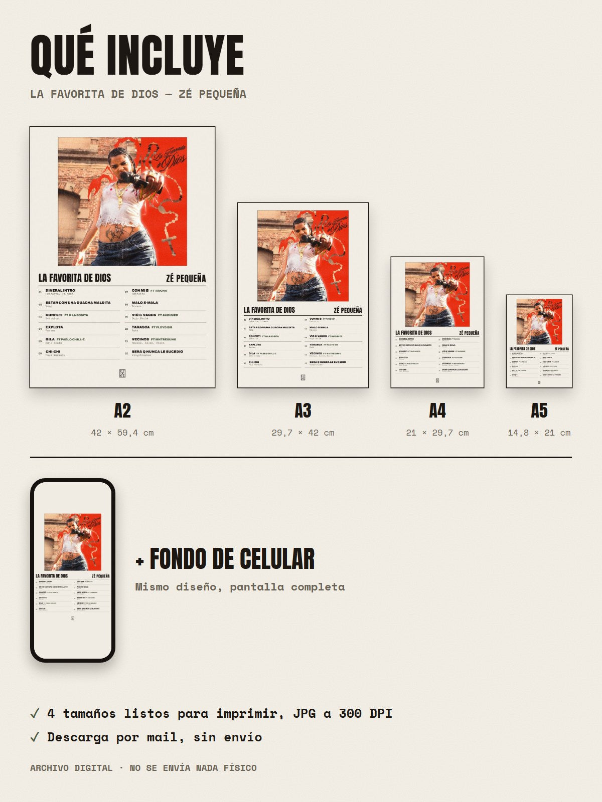 Qué incluye el póster de La Favorita de Dios de Zé Pequeña: A2, A3, A4, A5 y fondo de celular