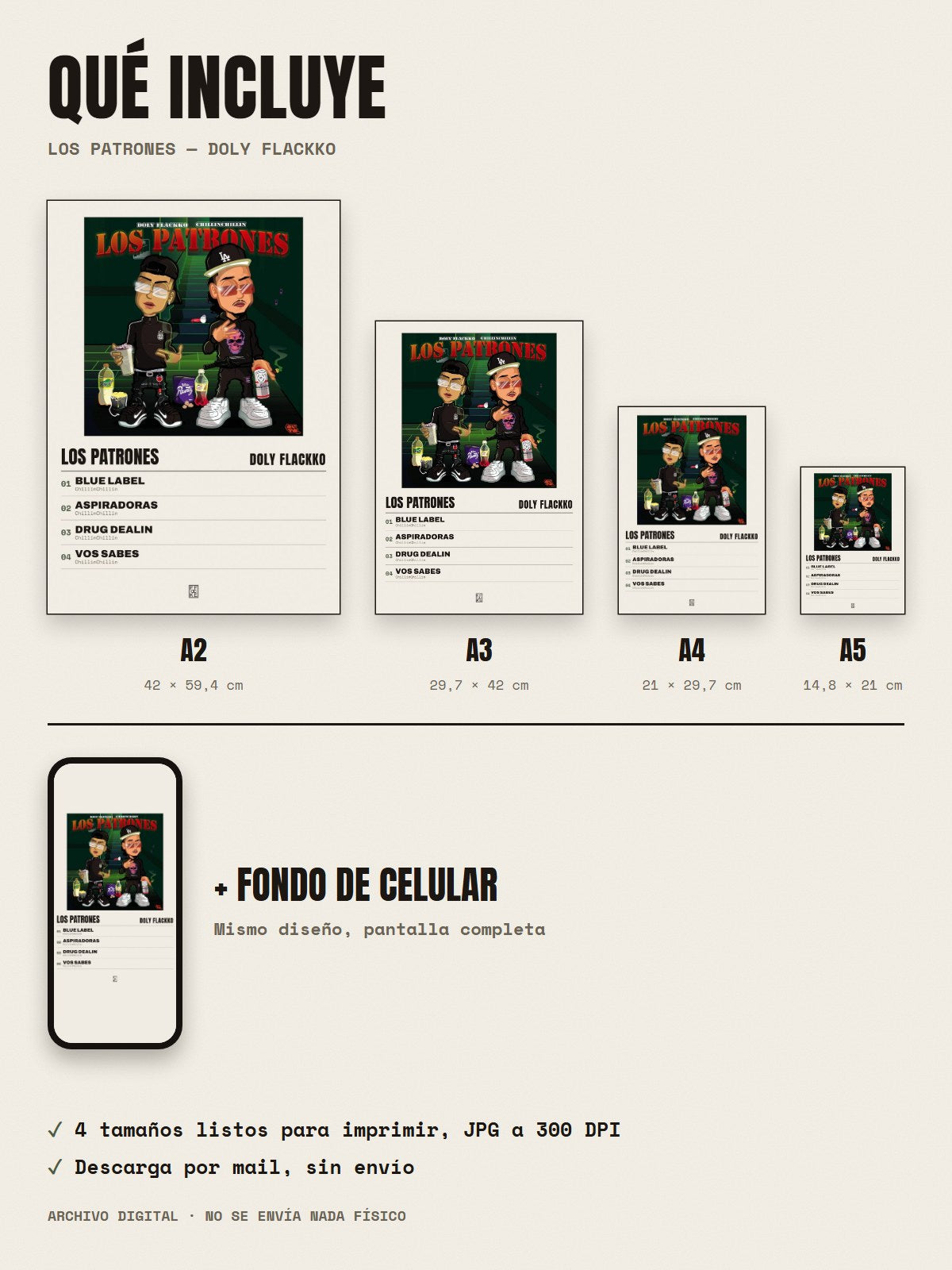 Qué incluye el póster de Los Patrones de Doly Flackko: A2, A3, A4, A5 y fondo de celular