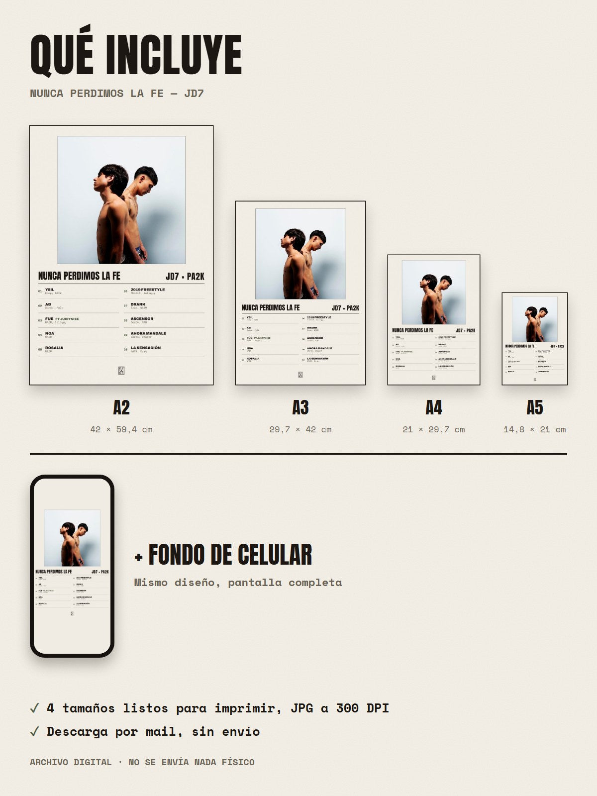 Qué incluye el póster de Nunca Perdimos La Fe de JD7 × Pa2k: A2, A3, A4, A5 y fondo de celular