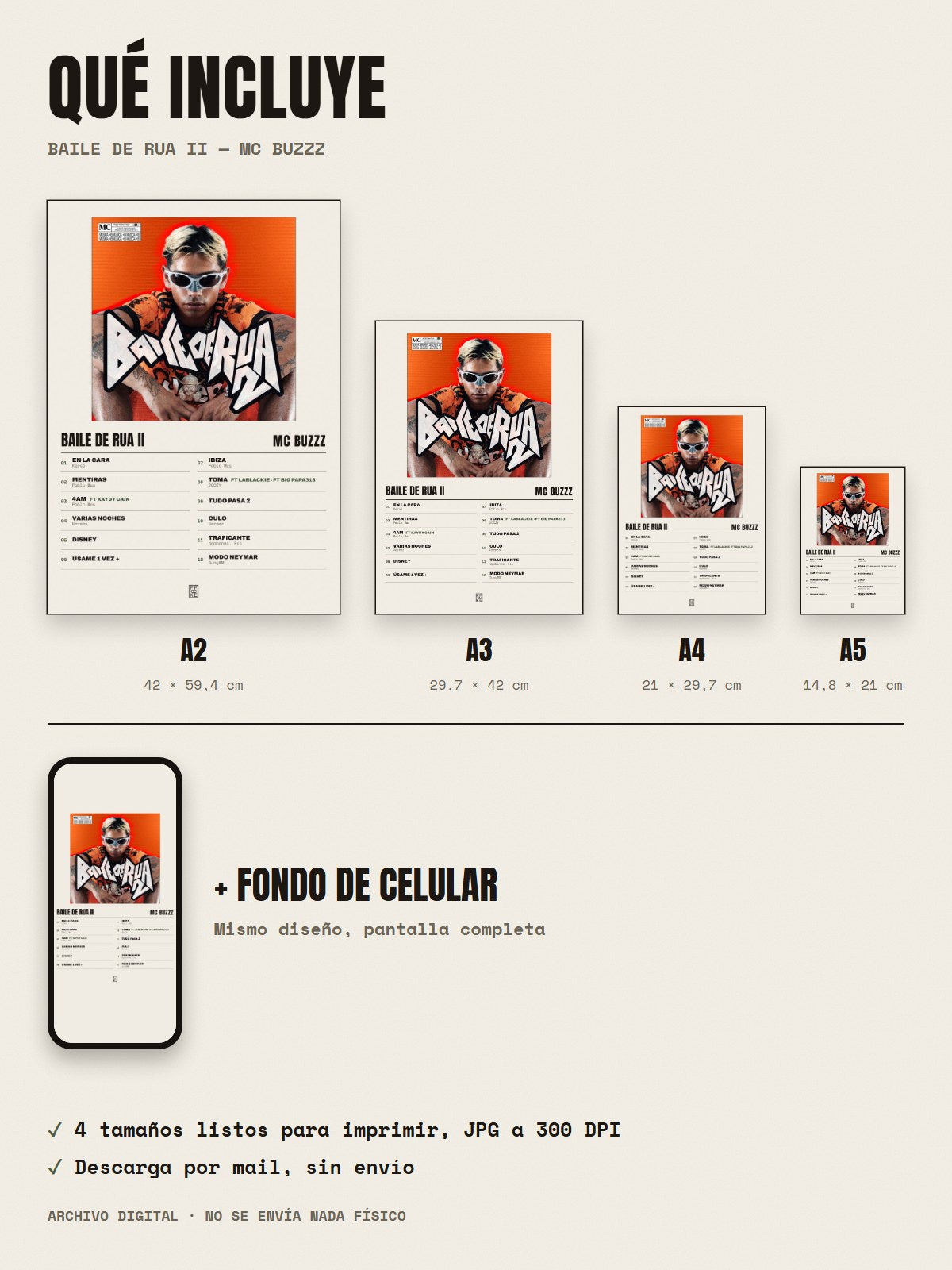 Qué incluye el póster de Baile de Rua II de MC Buzzz: A2, A3, A4, A5 y fondo de celular